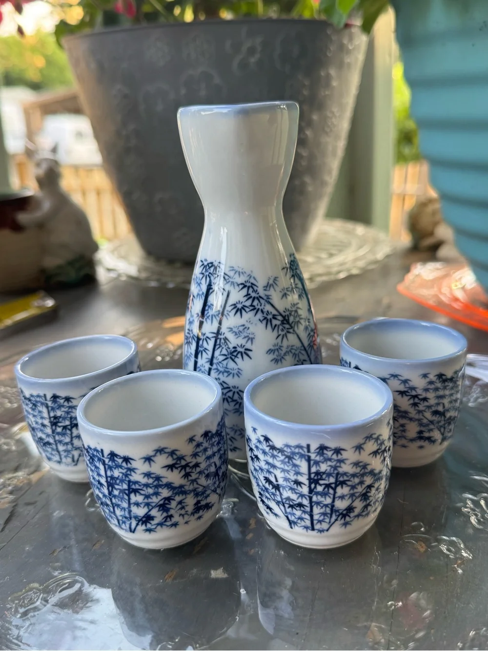 Kafuh Japan Blue & White Bamboo Porcelain Vintage Sake Set - 5 Pc